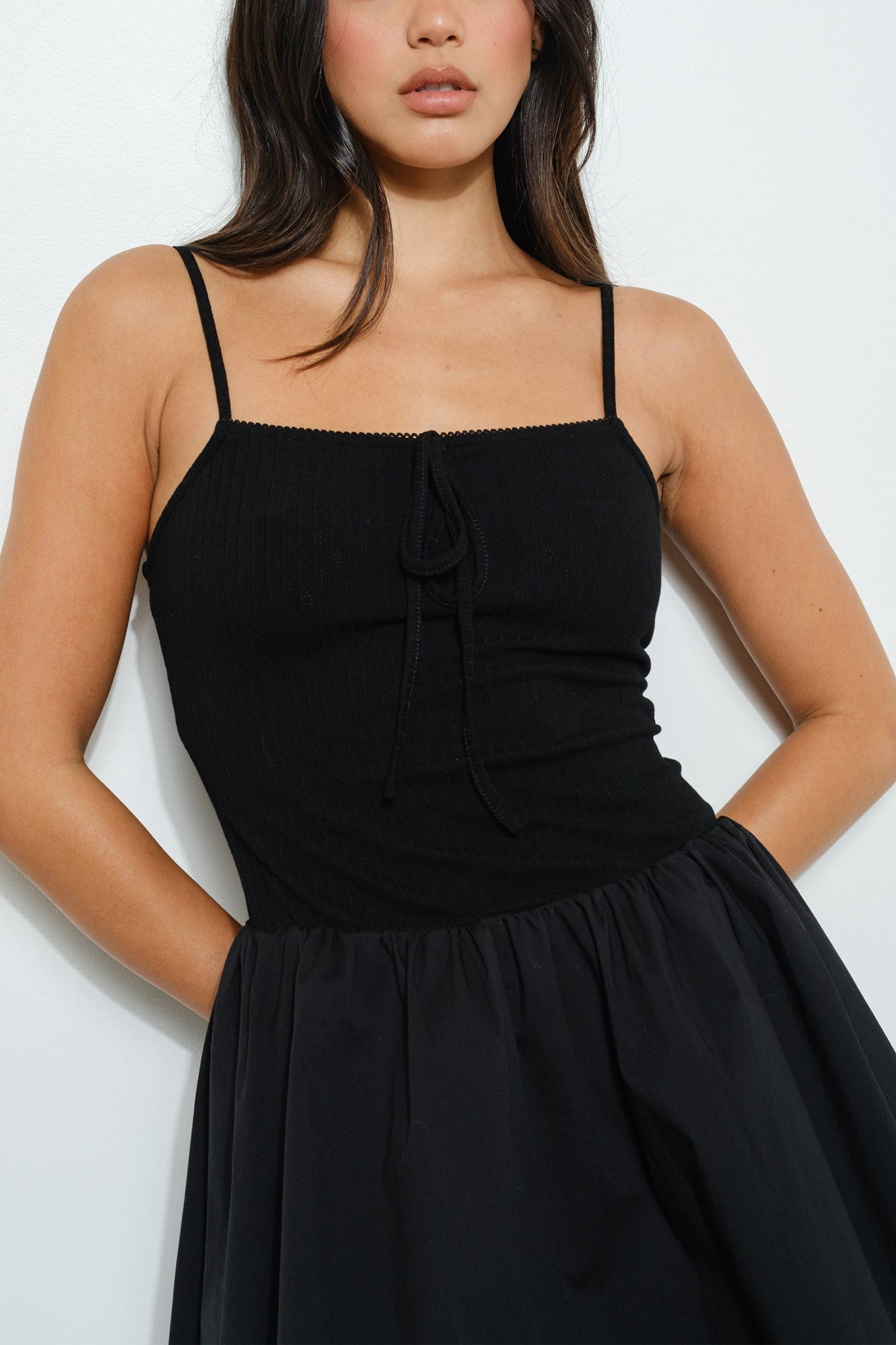 Pointelle Knit & Poplin Mini Dress in Black