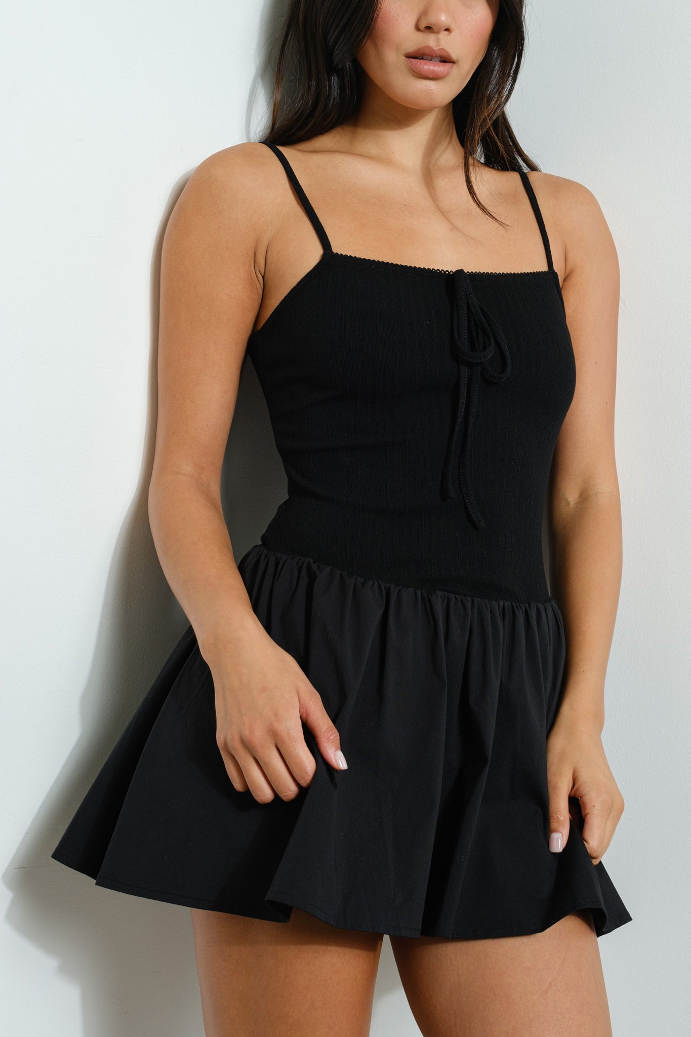 Pointelle Knit & Poplin Mini Dress in Black