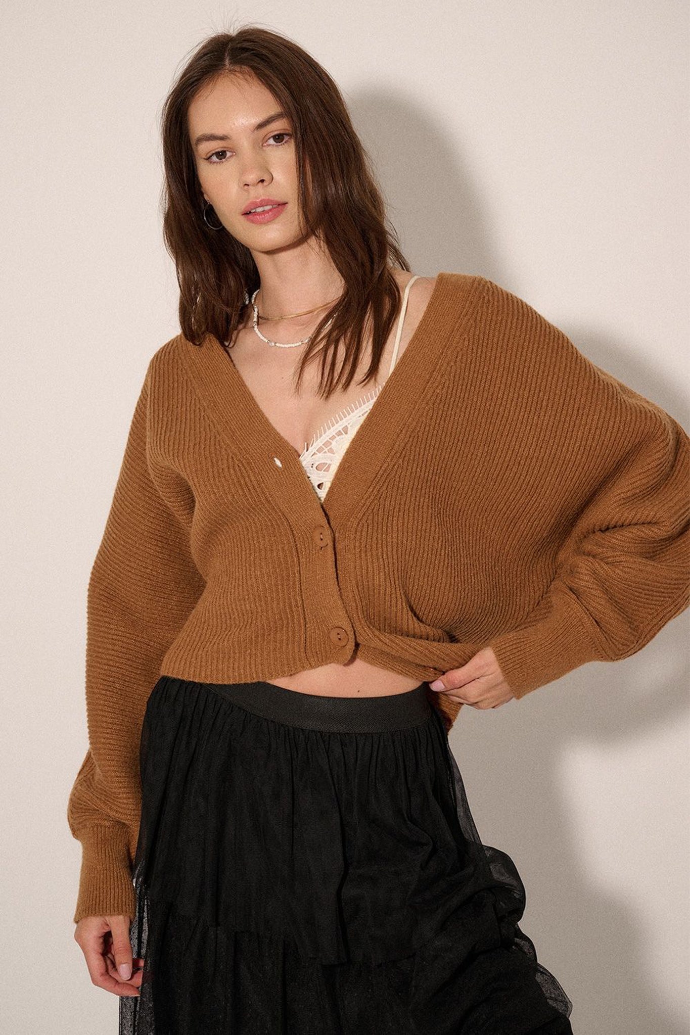 Rib Knit Button Front Cardigan in Taupe