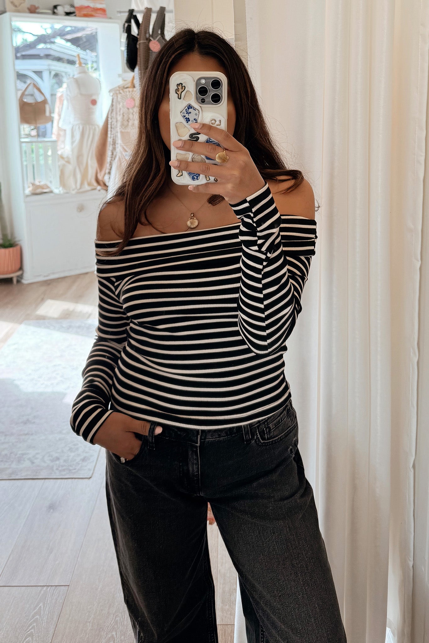 Rib Long-Sleeve Off The Shoulder Top