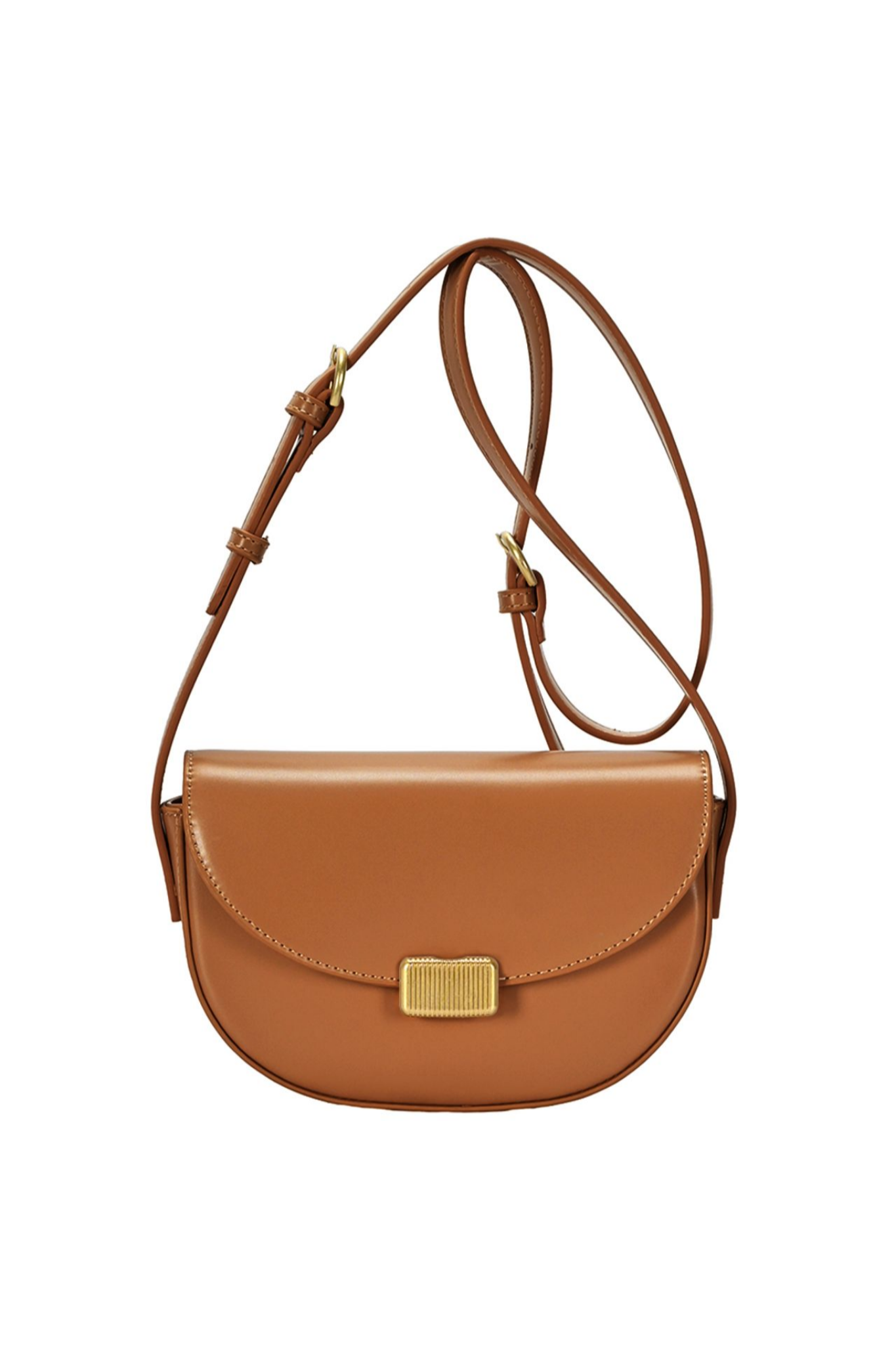 View 1 of Rounded Crossbody Bag in Tan, a Bags from Larrea Cove. Detail:  .
