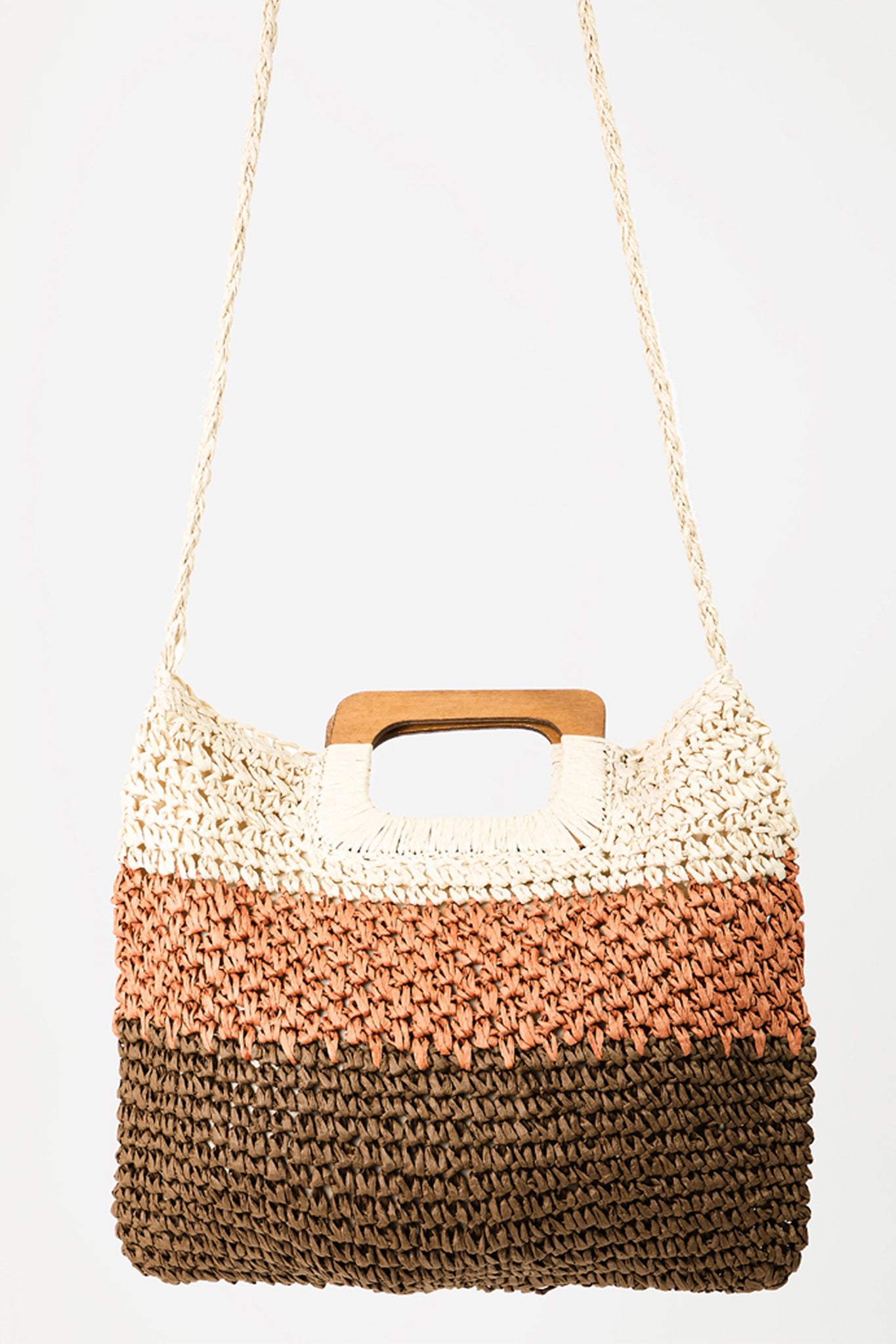 Three-Tone Straw Tote Bag with Crossbody Strap
