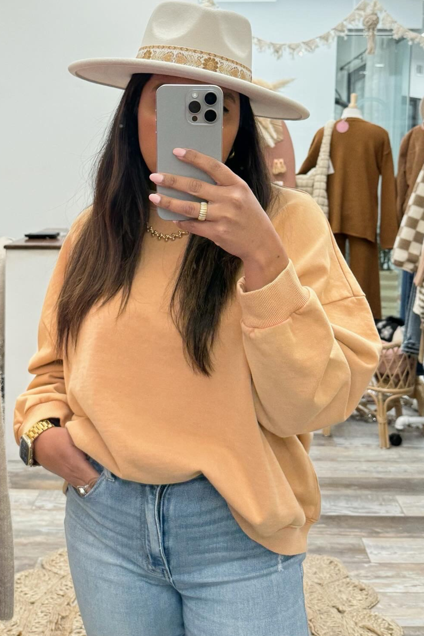 Washed Crew Neck Sweater in Peach Taupe
