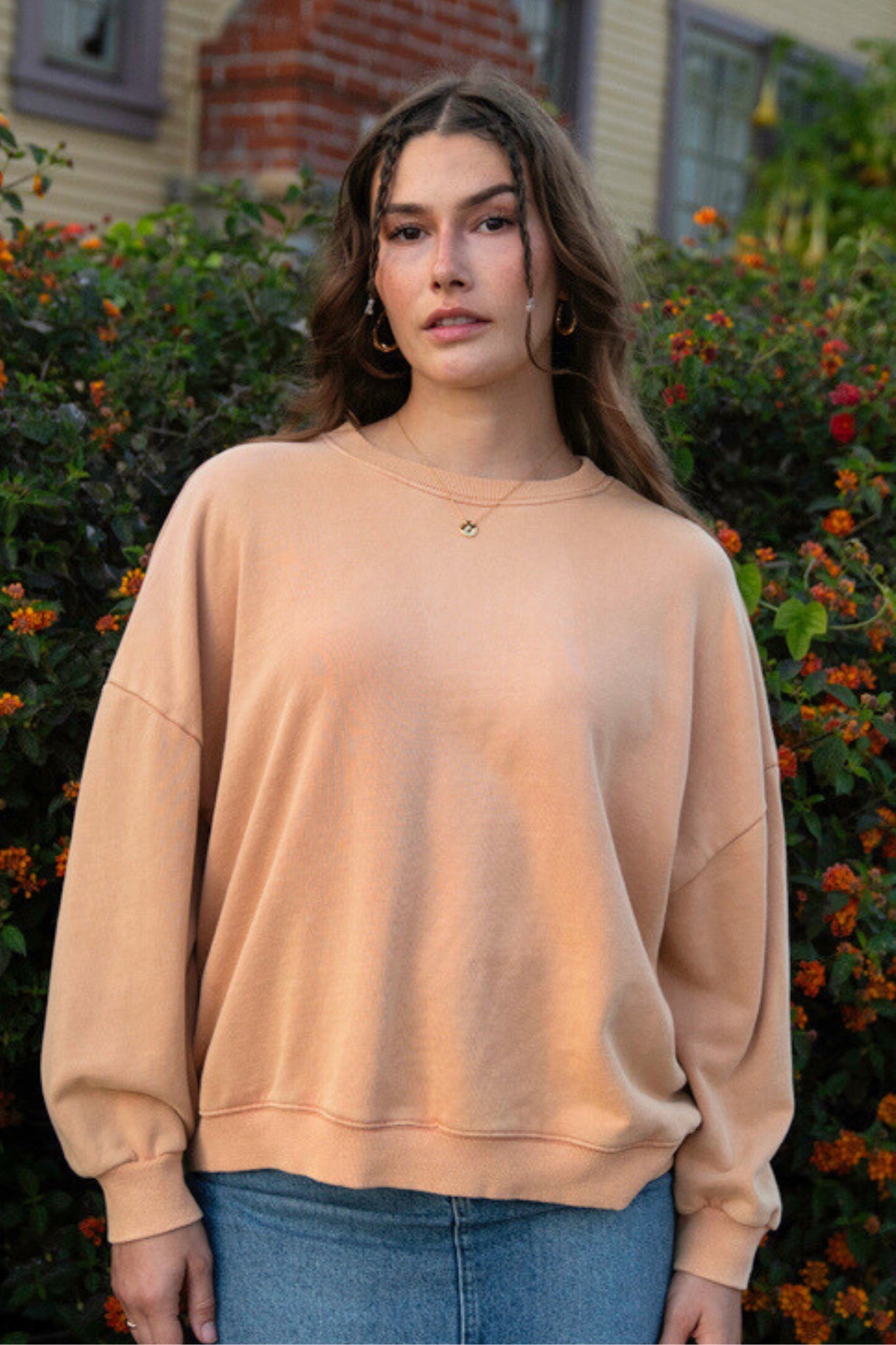 Washed Crew Neck Sweater in Peach Taupe