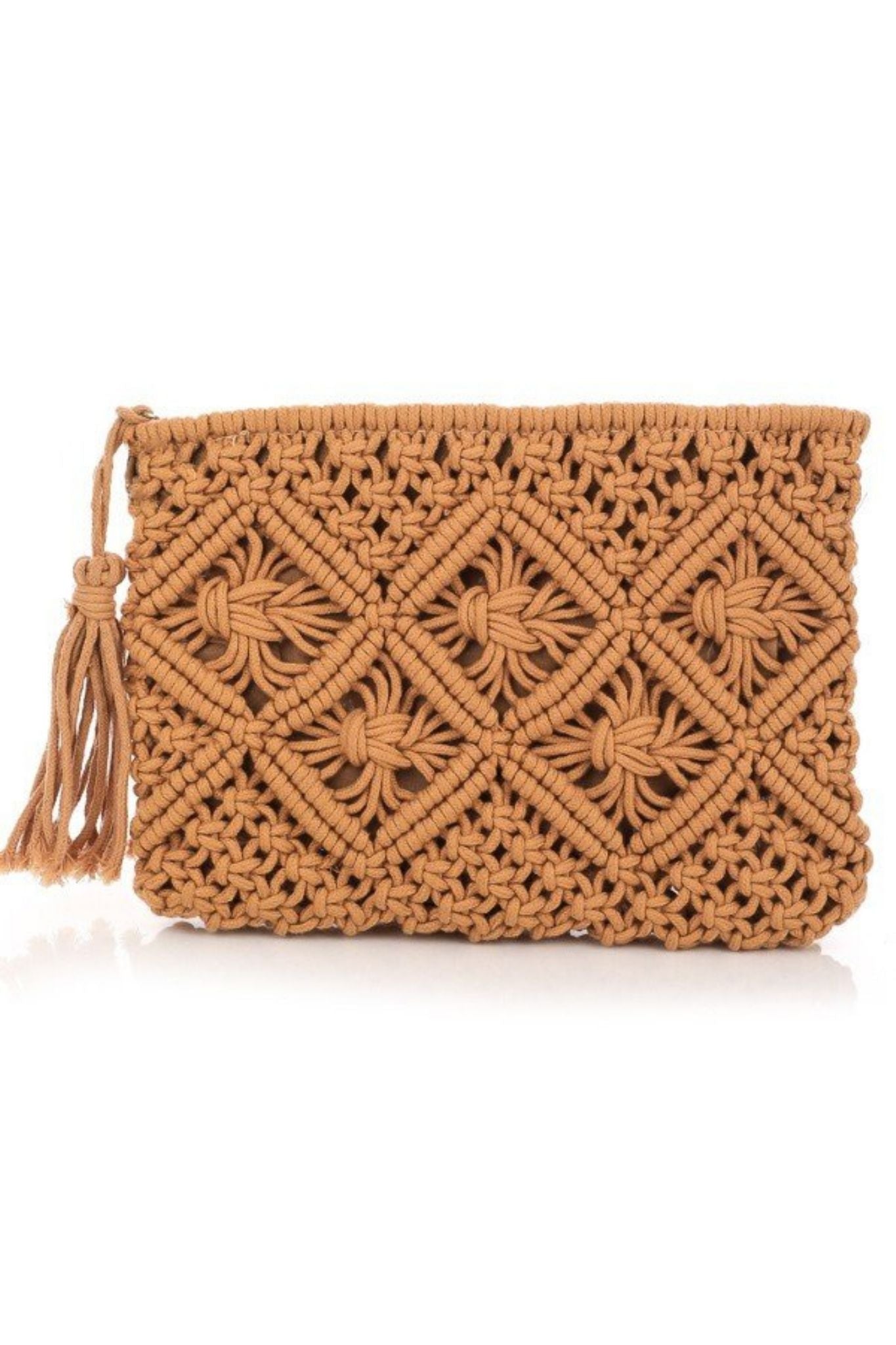 View 1 of Crochet Tassel Clutch in Tan, a Bags from Larrea Cove. Detail: 
Whether you're going for a beachy vibe or a boho...