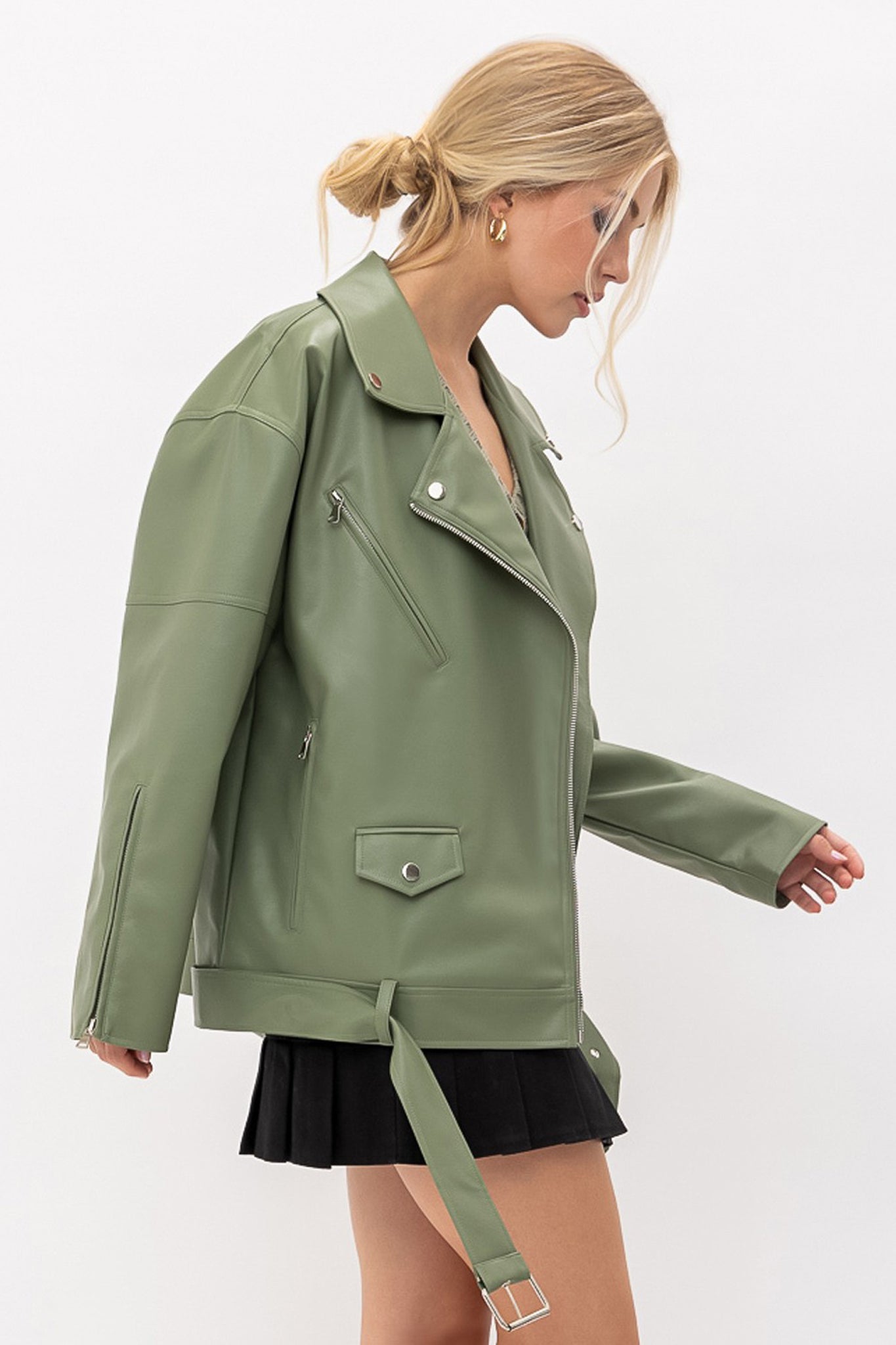 View 1 of Mozo Oversized Biker Jacket in Light Olive, a Jackets from Larrea Cove. Detail: 
Introduci...
