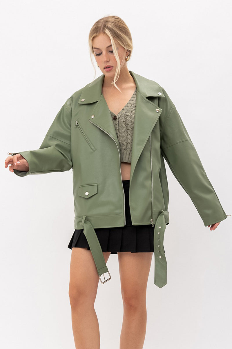 Mozo Oversized Biker Jacket in Light Olive