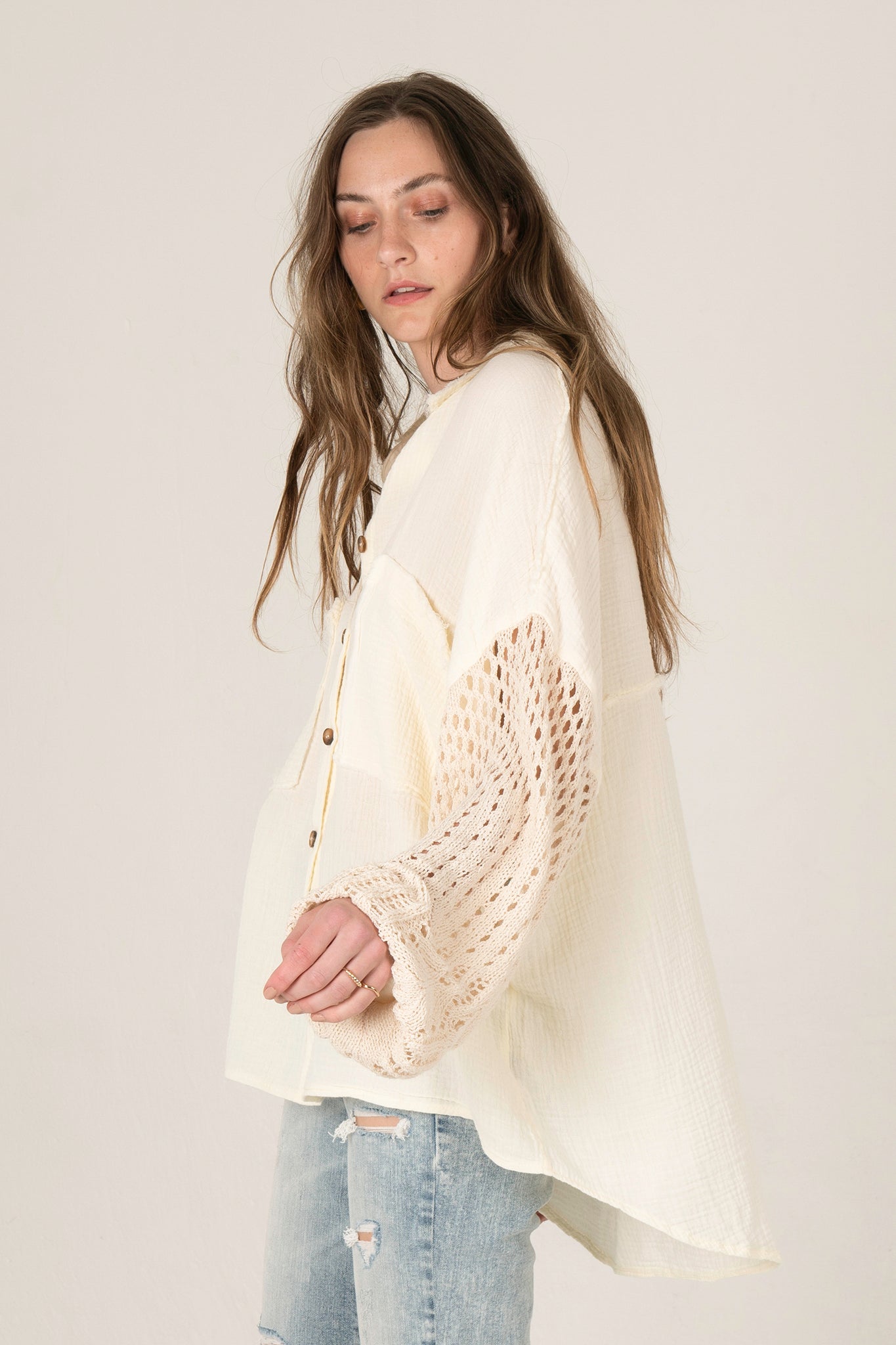 View 2 of Wisteria Cardigan in Cream, a Sweaters from Larrea Cove. Detail: .