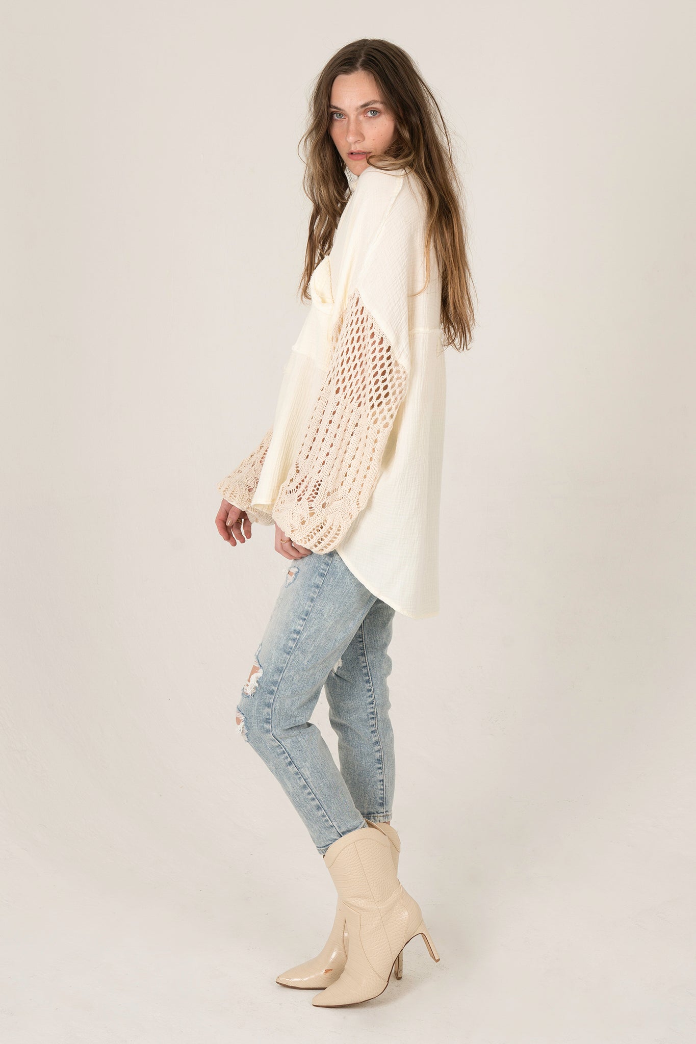 View 4 of Wisteria Cardigan in Cream, a Sweaters from Larrea Cove. Detail: .